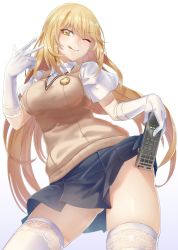 Rule 34 | + +, 1girl, ;9, blonde hair, blush, breasts, contrapposto, controller, elbow gloves, gloves, highres, holding, holding remote control, jikeshi, large breasts, long hair, looking at viewer, one eye closed, pleated skirt, remote control, school uniform, shokuhou misaki, short sleeves, simple background, skirt, smile, solo, spider web print, sweater vest, symbol-shaped pupils, thighhighs, thighs, toaru majutsu no index, tongue, tongue out, w, white background, white gloves, white thighhighs, yellow eyes