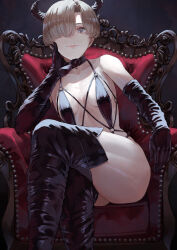 Rule 34 | 1girl, armchair, bare shoulders, black footwear, black gloves, black one-piece swimsuit, boots, breasts, brown hair, chair, closed mouth, collar, collarbone, crossed legs, elbow gloves, gloves, grey eyes, hair over one eye, hand on own cheek, hand on own face, highres, horns, kaoming, lips, looking at viewer, medium breasts, o-ring, o-ring swimsuit, one-piece swimsuit, original, short hair, sitting, solo, swimsuit, thigh boots