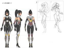 Rule 34 | 1girl, ass, black hair, bodysuit, breasts, character sheet, fuuma amane, heterochromia, highres, holding, holding weapon, lilith-soft, long hair, medium breasts, multiple views, ponytail, shindol, sketch, standing, taimanin (series), taimanin asagi, taimanin rpgx, translation request, very long hair, weapon, white background
