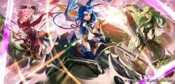 Rule 34 | 3girls, arm up, armor, axe, black gloves, blue eyes, blue hair, breastplate, catria (fire emblem), closed mouth, company name, copyright name, dragon, est (fire emblem), female focus, fingerless gloves, fire emblem, fire emblem: mystery of the emblem, fire emblem cipher, gloves, green eyes, green hair, headband, highres, holding, holding axe, long hair, matching hair/eyes, mayo (becky2006), multiple girls, nintendo, official art, open mouth, palla (fire emblem), pink eyes, pink hair, riding, scarf, short hair, siblings, sisters, white headband, wyvern