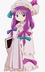 Rule 34 | 1girl, blush, book, bow, capelet, crescent, dress, expressionless, full body, hat, highres, holding, holding book, long hair, looking at viewer, mob cap, patchouli knowledge, purple eyes, purple hair, ribbon, sakumo (okura oishiiii), simple background, solo, striped, touhou, white background, zun (style)