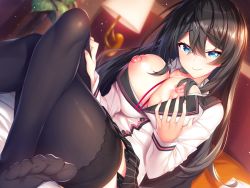 Rule 34 | 1girl, bed, bedroom, black hair, black skirt, black thighhighs, blue eyes, blush, breasts, buttons, closed mouth, collared shirt, crossed legs, desk, dress shirt, eyelashes, fingernails, grey shirt, hair between eyes, hand on lap, highres, indoors, itsui (dihydrogenmonoxid), lace, lace-trimmed legwear, lace trim, lamp, large breasts, long fingernails, long hair, long sleeves, looking at viewer, miniskirt, nail polish, nipples, no bra, non-web source, on bed, original, pillow, pink nails, plaid, plaid skirt, purple neckwear, purple ribbon, ribbon, school desk, shirt, sitting, skirt, smile, soles, solo, thighhighs, toes, wing collar