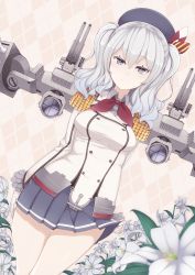 Rule 34 | 10s, 1girl, bad id, bad pixiv id, blue eyes, cowboy shot, flower, gloves, hat, highres, kantai collection, kashima (kancolle), long hair, machinery, mku, silver hair, skirt, smile, solo, twintails, uniform, wavy hair