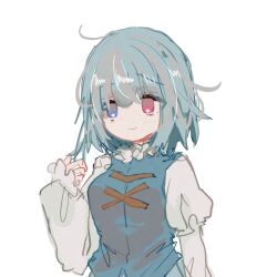 Rule 34 | 1girl, ahoge, blue eyes, blue vest, breasts, closed mouth, hand up, heterochromia, highres, juliet sleeves, long sleeves, looking at viewer, medium breasts, puffy sleeves, red eyes, shirt, simple background, sketch, sleeves past wrists, smile, solo, tatara kogasa, touhou, upper body, vest, white background, white shirt, zabuton (mgdw5574)