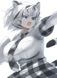 Rule 34 | 1girl, animal ears, black hair, blue eyes, breasts, clenched hand, commentary request, cowboy shot, elbow gloves, extra ears, gloves, grey necktie, grey skirt, highres, kemono friends, large breasts, lets0020, looking afar, medium bangs, motion blur, multicolored hair, necktie, open mouth, plaid, plaid necktie, plaid skirt, punching, shirt, short hair, simple background, skirt, solo, sweat, tail, tiger ears, tiger girl, tiger tail, two-tone hair, v-shaped eyebrows, white background, white hair, white tiger (kemono friends)