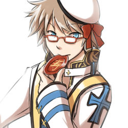Rule 34 | 1boy, arch bishop (ragnarok online), blue coat, blue eyes, bow, brown hair, closed mouth, coat, commentary request, cup, glasses, hat, hat bow, holding, holding cup, jacket, long sleeves, looking at viewer, male focus, natsuya (kuttuki), ragnarok online, rectangular eyewear, red-framed eyewear, red bow, sailor hat, sakazuki, short hair, simple background, solo, upper body, white background, white hat, white jacket