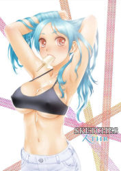 Rule 34 | 1girl, adjusting hair, armpits, arms up, blue hair, blush, breasts, food, jpeg artifacts, large breasts, mouth hold, navel, original, popsicle, red eyes, solo, underboob, yui toshiki