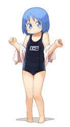 Rule 34 | 1girl, female focus, full body, hair down, highres, looking at viewer, naganohara mio, nichijou, nishimura (prism engine), one-piece swimsuit, school swimsuit, simple background, solo, standing, swimsuit, towel, wet, white background