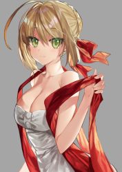 Rule 34 | 1girl, ahoge, bare shoulders, blonde hair, blush, braid, breasts, cleavage, closed mouth, collarbone, dress, fate/extra, fate (series), french braid, gambe, green eyes, grey background, hair bun, hair intakes, hair ribbon, highres, large breasts, long hair, looking at viewer, nero claudius (fate), nero claudius (fate) (all), nero claudius (fate/extra), red ribbon, ribbon, simple background, single hair bun, smile, solo, white dress