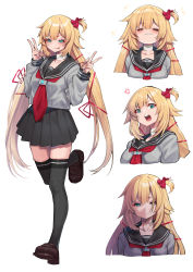 Rule 34 | 1girl, :p, = =, akai haato, anger vein, bandaged neck, bandages, black thighhighs, blonde hair, blue eyes, cropped torso, double v, empty eyes, full body, hair ornament, hair ribbon, heart, heart hair ornament, highres, hololive, loafers, long hair, long sleeves, looking at viewer, mikan (chipstar182), multiple views, neckerchief, one side up, parted lips, pleated skirt, ribbon, sailor collar, scar, scar on neck, school uniform, serafuku, shaded face, shoes, simple background, skindentation, skirt, standing, standing on one leg, thighhighs, tongue, tongue out, v, very long hair, virtual youtuber, white background, zettai ryouiki