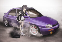 Rule 34 | 1girl, absurdres, apron, bag, black dress, black eyes, black hair, bokuya, breasts, car, cleavage, dress, duffel bag, fog, highres, looking at viewer, maid, maid apron, mazda, mazda 121, medium breasts, motor vehicle, open mouth, original, partially unbuttoned, purple car, shoes, short hair, sneakers, solo, waist apron, white apron, white footwear