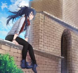 Rule 34 | 1girl, ankle boots, bangle, black pants, blue eyes, blue footwear, blue hair, blue sky, boots, bracelet, brick wall, casual, contemporary, day, fire emblem, fire emblem awakening, fire emblem heroes, full body, jewelry, light smile, long hair, lucina (fire emblem), messy hair, nintendo, on wall, pants, ponytail, red scarf, scarf, sitting, sky, sleeves pushed up, solo, tiara, tusia, twitter username