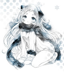 Rule 34 | 0304yama, 10s, 1girl, abyssal ship, all fours, alternate costume, barefoot, blue theme, eyelashes, female focus, full body, horns, kantai collection, looking at viewer, mittens, monochrome, northern ocean princess, painting (medium), ribbed sweater, scarf, short eyebrows, solo, sweater, traditional media, watercolor (medium), white background