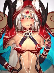 Rule 34 | 1girl, altera (fate), angry, blush, breasts, choker, cleavage, collarbone, cosplay, dark-skinned female, dark skin, fate/grand order, fate (series), full-body tattoo, hand on own hip, headdress, hood, horns, i-pan, jewelry, looking at viewer, midriff, navel, open mouth, pubic tattoo, queen of sheba (fate), queen of sheba (fate) (cosplay), red eyes, revealing clothes, shiny skin, short hair, simple background, small breasts, solo, stomach tattoo, sweatdrop, tagme, tan, tattoo, teeth, upper body, veil, white hair