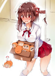 Rule 34 | &gt; &lt;, 6+girls, :d, ?, ^^^, blush, blush stickers, box, breasts, brown eyes, brown hair, buttons, carrying, chesstitan, collarbone, collared shirt, d:, doma umaru, door, doorknob, ebina nana, hair ornament, hamster costume, hamster hood, highres, himouto! umaru-chan, kneehighs, komaru (himouto! umaru-chan), large breasts, legs up, mini person, minigirl, multiple girls, open mouth, outstretched arms, parachute, red eyes, red skirt, shaking, shirt, skirt, smile, socks, sweat, sweatdrop, thighs, wavy mouth, white legwear, window, xd