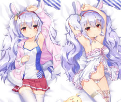 Rule 34 | 1girl, arm garter, arm up, armpits, arms up, azur lane, babydoll, bare shoulders, bed sheet, bird, breasts, camisole, chick, choker, collarbone, craytm, dakimakura (medium), fur trim, hair ornament, hairband, jacket, laffey (azur lane), light purple hair, lingerie, long hair, long sleeves, looking at viewer, lying, manjuu (azur lane), medium breasts, miniskirt, multiple views, navel, on back, open clothes, open jacket, panties, parted lips, pink jacket, pleated skirt, red eyes, red skirt, skirt, stomach, thighhighs, twintails, underwear, very long hair, white panties, white thighhighs, zettai ryouiki