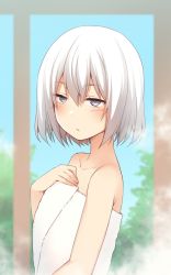 Rule 34 | 1girl, :&lt;, blush, closed mouth, collarbone, commentary request, copyright request, grey eyes, hair between eyes, half-closed eyes, hand on own chest, hand up, highres, looking at viewer, nagami yuu, naked towel, short hair, silver hair, solo, towel
