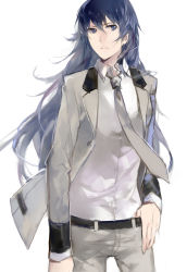 Rule 34 | 1girl, absurdres, atlus, bad id, bad pixiv id, belt, blue eyes, blue hair, cotta, flat chest, formal, highres, jacket, long hair, looking at viewer, matching hair/eyes, necktie, aged up, pants, persona, persona 4, persona x detective, serious, shirogane naoto, solo, standing, suit