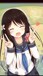 Rule 34 | 1girl, :d, ^ ^, arms up, blush, brown hair, collarbone, commentary request, double v, closed eyes, hair ribbon, hair tubes, highres, long hair, neckerchief, open mouth, original, pleated skirt, ribbon, school uniform, serafuku, skirt, smile, solo, tsuchikure, v, very long hair