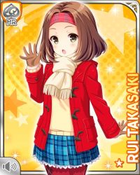 Rule 34 | 1girl, :o, blue skirt, brown eyes, brown hair, card, character name, girlfriend (kari), gloves, headband, jacket, official art, open hand, open mouth, plaid, plaid skirt, qp:flapper, red jacket, red legwear, scarf, school uniform, skirt, solo, sweater, takasaki rui, white sweater, winter clothes, yellow background