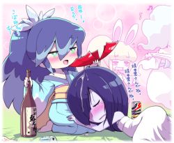 Rule 34 | 4girls, alcohol, ameonna (youkai watch), back, backboob, beer can, blue hair, blush, breasts, can, closed eyes, drink can, drunk, enraenra (youkai watch), flashing, fubukihime, furry, japanese clothes, kimono, lying on lap, multiple girls, nollety, open clothes, out of frame, rabbit girl, snowrabby, translation request, youkai watch, youkai watch 2, youkai watch 3
