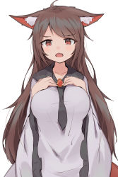 Rule 34 | 1girl, animal ear fluff, animal ears, blush, breasts, brooch, brown hair, dress, fang, hands on own chest, highres, imaizumi kagerou, jewelry, large breasts, long hair, long sleeves, looking at viewer, open mouth, red eyes, shone, simple background, sketch, solo, swept bangs, touhou, white background, wolf ears