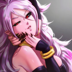 Rule 34 | 1girl, android, android 21, arm up, arm warmers, bandeau, bare shoulders, black nails, black sclera, breasts, colored sclera, colored skin, dragon ball, dragon ball fighterz, ear piercing, earrings, esther shen, face, fingernails, half-closed eyes, hoop earrings, jewelry, large breasts, lips, long hair, looking at viewer, majin android 21, nail polish, piercing, pink skin, pointy ears, red eyes, seductive smile, sharp fingernails, smile, solo, very long hair, white hair