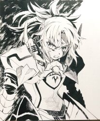 Rule 34 | 1girl, angry, armor, blood, blood on face, clenched teeth, commentary request, cowboy shot, fate/grand order, fate (series), furrowed brow, greyscale, hair bobbles, hair ornament, high ponytail, highres, injury, long hair, looking at viewer, monochrome, mordred (fate), no+bi=, solo, teeth, traditional media, v-shaped eyebrows