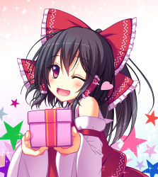 Rule 34 | 1girl, bad id, bad pixiv id, black hair, blush, bow, box, detached sleeves, female focus, gift, gift box, hair bow, hair tubes, hakurei reimu, heart, long sleeves, looking at viewer, open mouth, purple eyes, shefu, shirt, skirt, skirt set, smile, solo, sparkle, star (symbol), touhou, valentine, wide sleeves, wink