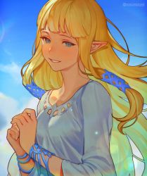 Rule 34 | 1girl, bangle, blonde hair, blue sky, blush, bracelet, breasts, closed mouth, cloud, cloudy sky, commentary, day, dress, grin, hair tubes, happy tears, jewelry, long hair, looking at viewer, medium breasts, mimme (haenakk7), nintendo, outdoors, own hands together, pointy ears, princess zelda, sidelocks, sky, smile, solo, straight hair, tears, the legend of zelda, the legend of zelda: skyward sword, triforce, twitter username, upper body, white dress, wind