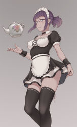 Rule 34 | 1girl, alternate costume, black thighhighs, breasts, capcom, cheshirrr, dress, enmaided, glasses, green eyes, highres, looking at viewer, maid, maid headdress, menat, purple hair, short dress, short hair, sidelocks, simple background, small breasts, smile, solo, street fighter, street fighter v, teapot, thighhighs, wrist cuffs