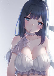 Rule 34 | 1girl, bandeau, bare shoulders, blue eyes, blue hair, blunt bangs, blush, bra, breasts, cleavage, collarbone, detached sleeves, emia wang, frilled bra, frills, gloves, hair down, head tilt, highres, kantai collection, large breasts, long hair, neck garter, print gloves, puffy short sleeves, puffy sleeves, removing glove, see-through, short sleeves, solo, souryuu (kancolle), strapless, strapless bra, underwear, underwear only, upper body, white background, white bra