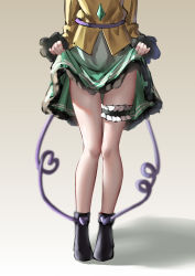 Rule 34 | 1girl, absurdres, ailu elf, black footwear, clothes lift, frilled sleeves, frills, green skirt, heart, heart of string, highres, komeiji koishi, bridal garter, legs, lifted by self, shirt, simple background, skirt, skirt lift, solo, standing, thighs, touhou, white background, yellow shirt