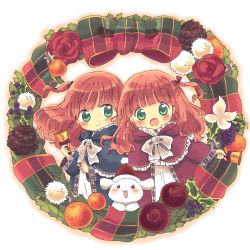 Rule 34 | 2girls, :d, animal, blush, bow, capelet, christmas, christmas ornaments, christmas wreath, closed mouth, clothed animal, dot nose, green eyes, happy, highres, holding, long sleeves, looking at viewer, multiple girls, one side up, open mouth, orange hair, original, short hair, smile, suzuri (suzurityan), tareme, very short hair, wreath