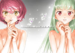 Rule 34 | 2girls, blunt bangs, breasts, cleavage, english text, garex, glowing, green hair, grey background, hair between eyes, jewelry, lips, multiple girls, nude, original, own hands together, red hair, side-by-side, surprised, topless, unworn jewelry, upper body