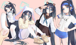 Rule 34 | 1girl, 1other, absurdly long hair, absurdres, animal ears, apron, aqua halo, aris (blue archive), aris (maid) (blue archive), black dress, black hair, blue archive, blue buruma, blue eyes, blue headband, blue neckerchief, blush, boots, brown sailor collar, brown skirt, buruma, cat ears, closed mouth, commentary request, dress, fake animal ears, frilled apron, frills, green halo, gym shirt, gym uniform, halo, hands on own hips, headband, highres, long hair, long sleeves, maid, maid apron, maid headdress, multiple views, name tag, neckerchief, official alternate costume, one side up, open mouth, painterliuhao, pantyhose, pink background, pleated skirt, purple skirt, rectangular halo, sailor collar, school uniform, serafuku, shirt, short sleeves, simple background, skirt, smile, thighhighs, translated, two side up, very long hair, white apron, white pantyhose, white thighhighs, yellow footwear, yellow shirt