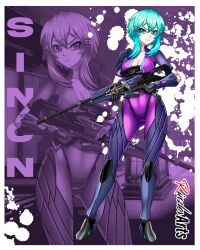 Rule 34 | 1girl, artist name, black footwear, black gloves, blue eyes, blue hair, breasts, cameltoe, character name, cleavage, cosplay, covered erect nipples, full body, gloves, gun, hair ornament, hairclip, highres, holding, holding gun, holding weapon, imrinzlergtz art, looking to the side, medium breasts, overwatch, short hair, sinon, smile, solo, sword art online, trigger discipline, weapon, weapon connection, widowmaker (overwatch), widowmaker (overwatch) (cosplay), zoom layer