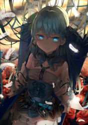 Rule 34 | 1girl, bare shoulders, blue bow, blue eyes, blue hair, blue ribbon, bow, bridal gauntlets, butterfly hair ornament, closed mouth, collarbone, commentary request, dutch angle, feathers, flower, glowing, glowing eyes, hair between eyes, hair ornament, hair ribbon, hands up, highres, original, red flower, red rose, ribbon, rose, saraki, shirt, sitting, skirt, smile, solo, white feathers, white shirt, white skirt