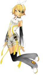 Rule 34 | 1girl, blonde hair, boots, breasts, colorized, headphones, highres, kagamine rin, kokonoo no ginkou, looking at viewer, short hair, simple background, smile, solo, thigh boots, thighhighs, vocaloid, white background