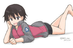 Rule 34 | 1girl, bike shorts, black shorts, brown eyes, brown hair, commentary, dated, elbow rest, emblem, girls und panzer, gym uniform, head rest, isobe noriko, jacket, legs up, mutsu (layergreen), one-hour drawing challenge, ooarai (emblem), open mouth, purple jacket, shadow, short hair, short shorts, shorts, simple background, sketch, smile, solo, track jacket, twitter username, white background
