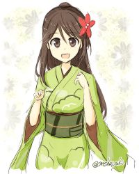 Rule 34 | 10s, 1girl, :d, amagi (kancolle), brown hair, flower, hair flower, hair ornament, japanese clothes, kantai collection, kimono, long hair, lowres, mashayuki, open mouth, smile, solo, twitter username, wide sleeves