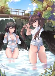 Rule 34 | 2girls, absurdres, alternate costume, arms up, ass, bird wings, black hair, black wings, blue sky, breasts, bridge, brown hair, cleavage, cloud, commentary request, day, feathered wings, from behind, front-tie top, fundoshi, hair between eyes, hair ribbon, head tilt, highres, himekaidou hatate, holding, holding hair, holding towel, japanese clothes, large breasts, long hair, looking at another, looking to the side, mizu happi, multiple girls, no headwear, open mouth, outdoors, pechimaru, pointy ears, purple eyes, red eyes, ribbon, shameimaru aya, shirt, short hair, sky, teeth, touhou, towel, tree, twintails, upper teeth only, very long hair, wading, washing hair, water, waterfall, wet, wet clothes, wet shirt, white shirt, wings