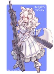 Rule 34 | 1girl, animal ears, blue background, blush, breasts, character request, copyright request, full body, gun, hairband, highres, holding, holding gun, holding weapon, kosai takayuki, looking at viewer, maid, maid day, medium breasts, open mouth, puffy short sleeves, puffy sleeves, short sleeves, simple background, sketch, smile, solo, tail, weapon