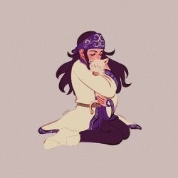 Rule 34 | 1girl, ainu, ainu clothes, animal, animal hug, artist name, asirpa, bandana, beige background, black hair, black pants, blue bandana, boots, cat, commentary, english commentary, closed eyes, from side, full body, golden kamuy, holding, holding animal, hug, justn4z, long hair, long sleeves, looking at viewer, pants, sidelocks, simple background, sitting, solo, white cat, white footwear, wide sleeves