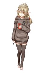 Rule 34 | 1girl, antenna hair, as109, asymmetrical bangs, bare legs, barefoot, black thighhighs, bright pupils, brown hair, fangs, full body, hair ornament, hair scrunchie, hairclip, highres, hood, hooded sweater, hoodie, indie virtual youtuber, long hair, looking at viewer, open mouth, original, pointy ears, scrunchie, shui lan er, simple background, single sidelock, sleeves past wrists, solo, standing, stylus, sweater, thighhighs, virtual youtuber, white background, white pupils, yellow eyes, zettai ryouiki