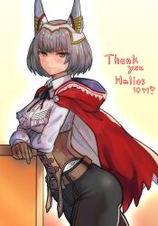 Rule 34 | alternate costume, black pants, black ribbon, breasts, brown eyes, brown gloves, brown vest, cloak, closed mouth, collared shirt, commentary request, commission, cosplay, fire emblem, fire emblem fates, frilled shirt, frills, gloves, grey hair, highres, hood, hood down, hooded cloak, long sleeves, looking at viewer, medium breasts, neck ribbon, nia (xenoblade), nintendo, pants, r123, r skeb, red cloak, ribbon, shirt, short hair, skeb commission, smile, thank you, velouria (fire emblem), velouria (fire emblem) (cosplay), vest, white shirt, xenoblade chronicles (series), xenoblade chronicles 2