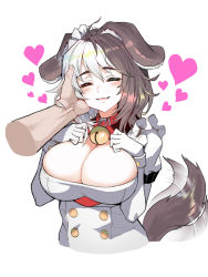 Rule 34 | 1girl, animal ears, bell, blush, breasts, brown hair, cleavage, cleavage cutout, clothing cutout, collar, disembodied hand, dog ears, dog tail, eyebrows, closed eyes, fang, gloves, hachiko of castling, headpat, heart, large breasts, last origin, maid, maid headdress, multicolored hair, neck bell, open mouth, smile, solo focus, split-color hair, taesi, tail, tail wagging, two-tone hair, upper body, white gloves, white hair, wrist cuffs