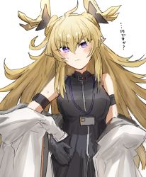 Rule 34 | 1girl, absurdres, ahoge, arknights, armband, black dress, black gloves, blonde hair, blush, coat, commentary request, dress, fingerless gloves, frown, gloves, hair between eyes, head tilt, highres, horn/wood, horns, id card, lanyard, leizi (arknights), long hair, off shoulder, pointy ears, purple eyes, simple background, sleeveless, sleeveless dress, solo, sweat, translation request, upper body, white background, white coat