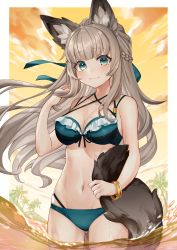 Rule 34 | 1girl, animal ear fluff, animal ears, aqua eyes, backlighting, bad id, bad pixiv id, bangle, bare arms, bare shoulders, bikini, blue bikini, blunt bangs, blush, border, bracelet, braid, breasts, brown hair, cleavage, closed mouth, cloud, commentary request, cowboy shot, criss-cross halter, evening, frilled bikini, frills, gezerun, gluteal fold, halterneck, hand up, highres, jewelry, long hair, looking at viewer, medium breasts, navel, original, outdoors, outside border, palm tree, sky, smile, solo, stomach, sunlight, swimsuit, tail, tree, very long hair, water, white border, yellow sky