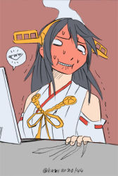 Rule 34 | 10s, 1girl, artist name, bare shoulders, black hair, blush, computer, detached sleeves, embarrassed, female focus, flat color, full-face blush, hair ornament, hairband, hairclip, haruna (kancolle), japanese clothes, kamizono (spookyhouse), kantai collection, long hair, machine, machinery, mecha, military, military uniform, nontraditional miko, panties, ribbon-trimmed sleeves, ribbon trim, robot, simple background, solo, striped clothes, striped panties, twitter username, underwear, uniform, upper body, wide sleeves